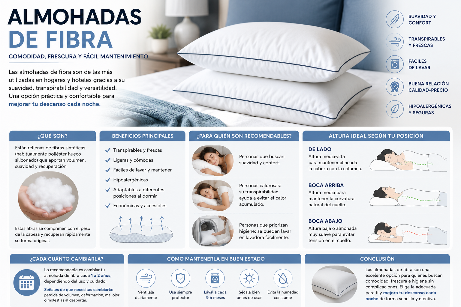 Almohadas de fibra: ventajas, desventajas y cómo elegir.